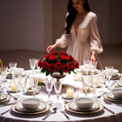 Dinner setup with flowers and glassware