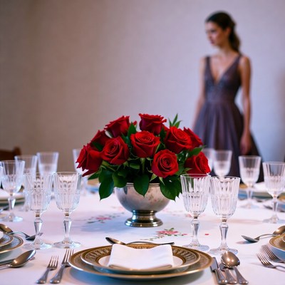 Elegant dining setup with flowers and lady
