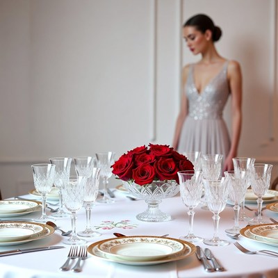 Elegant dinner setting with model in background