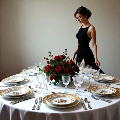 Woman sets elegant table with flowers