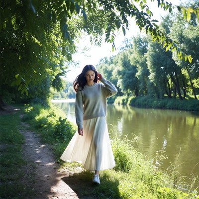 Woman walking beside riverbank in sunlight