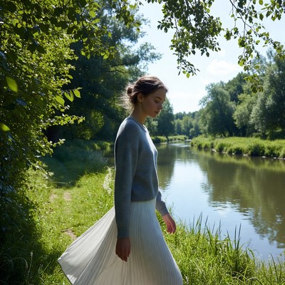 Woman walking by the riverbank in sunlight