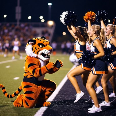Tiger mascot cheers with cheerleaders at night