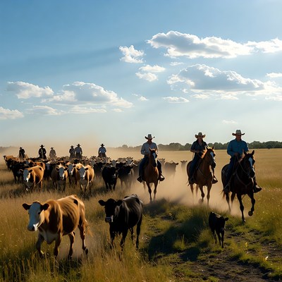 Cowhands drive cattle across open field
