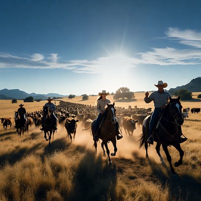 Cattle drive at sunset in texas