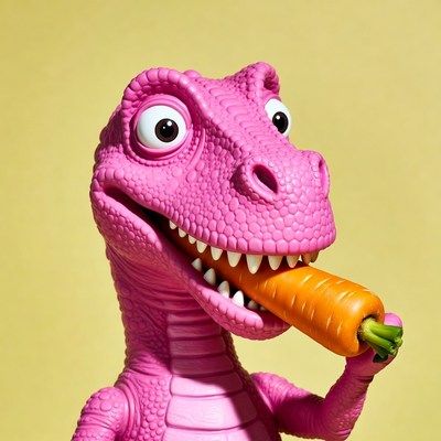Pink dinosaur holds a carrot