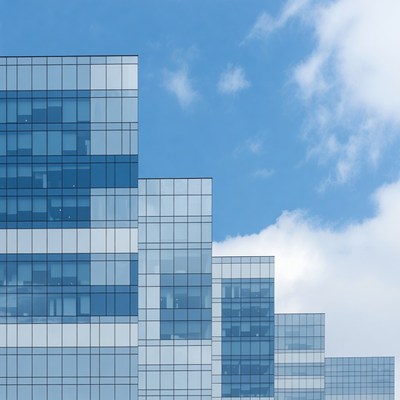 Modern glass buildings against blue sky