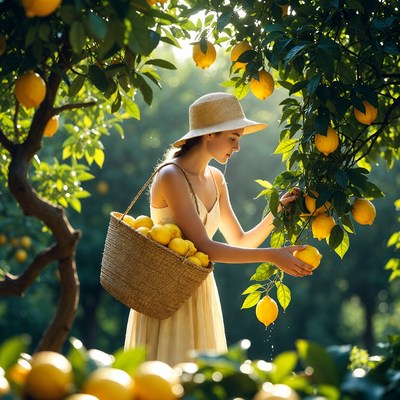 Woman picking lemons in orchard