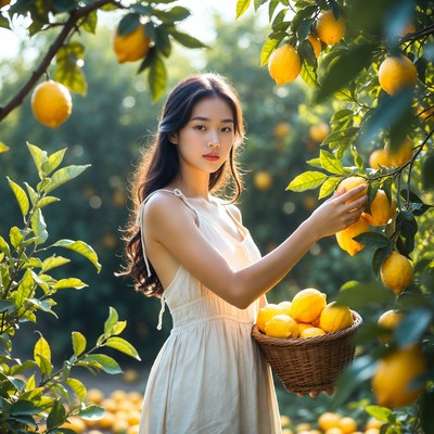 Girl collects lemons in orchard