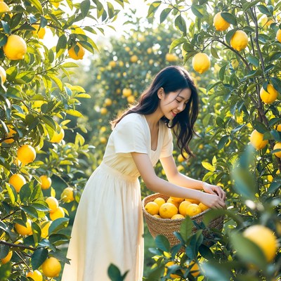 Picking lemons in a grove during summer