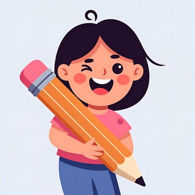 Child holding a large pencil happily