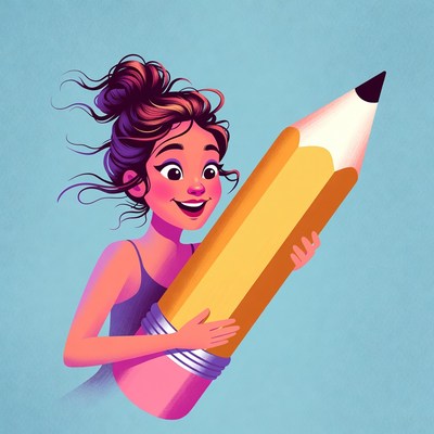 Girl holds giant pencil in art