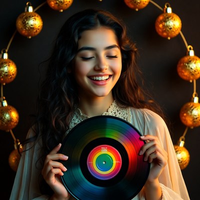 Joyful woman holding vinyl record