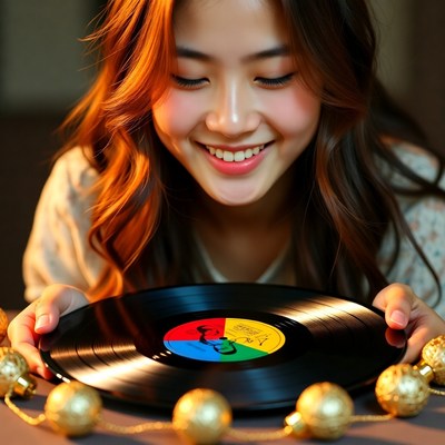 Young woman enjoys vinyl record listening