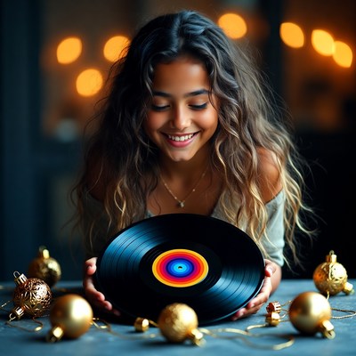 Smiling girl holding a vinyl record