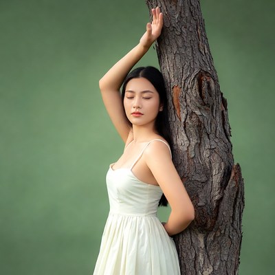 Woman by tree in green background