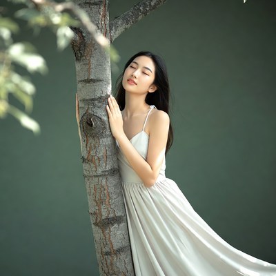 Young woman leans against a tree