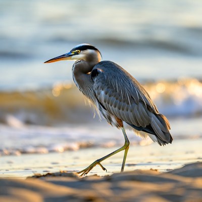 Heron walking by the shore