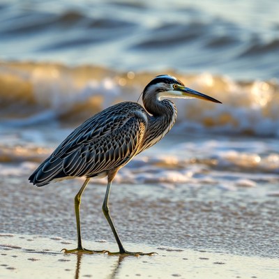 Heron walks along the shore