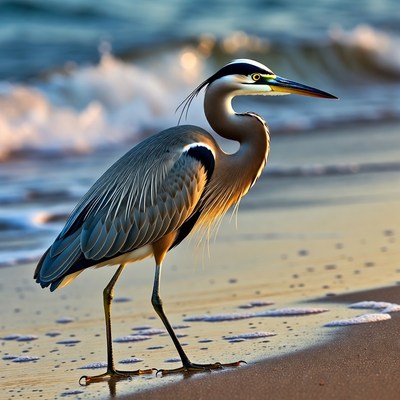 Heron walks along the beach shore