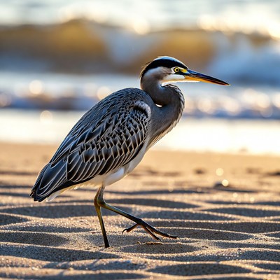 Grey heron walks along the shore
