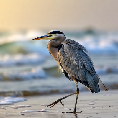Heron walking by the shore at sunset