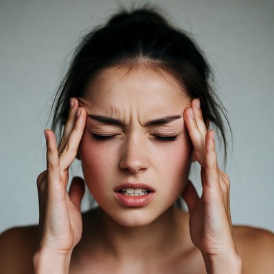 Woman holding head in discomfort