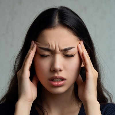 Young woman experiences headache indoors