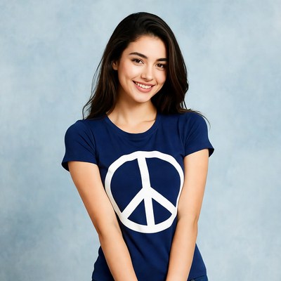 Smiling girl in peace shirt