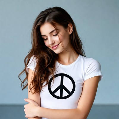 Woman in white shirt with peace symbol