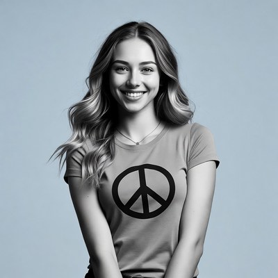 Woman smiling while wearing peace symbol t-shirt