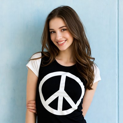 Young woman with peace sign shirt