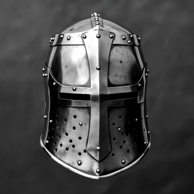 Medieval helmet displayed on black background