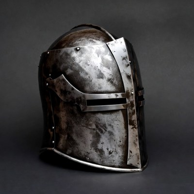 Historic knight helmet on display