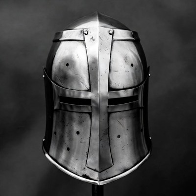 Metal knight helmet on display