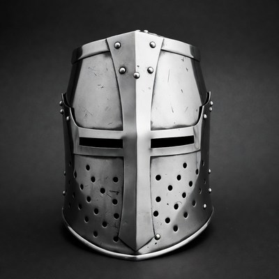 Metal knight helmet on black background