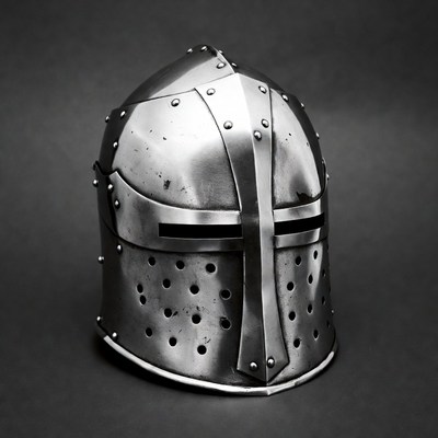 Metal knight helmet on display