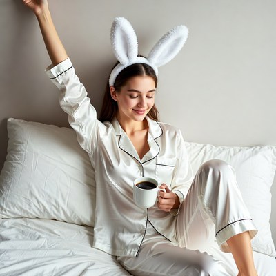 Woman sitting with drink in bed