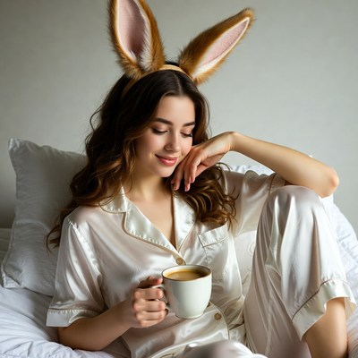 Woman in bunny ears enjoys coffee