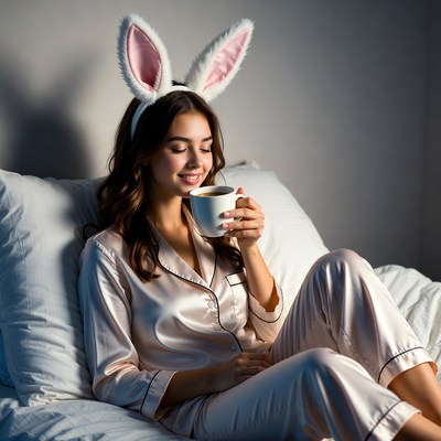 Woman wearing bunny ears enjoys drink