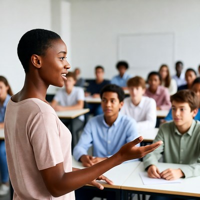 Woman teaching students in classroom