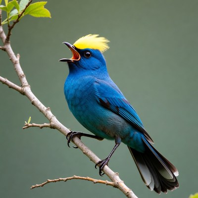 Bright blue bird sings on a branch