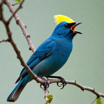Bright blue bird singing on branch