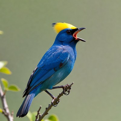 Bird with yellow crown singing on branch
