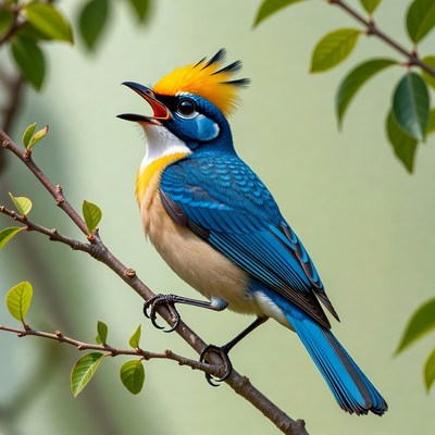 Bright blue bird singing on a branch
