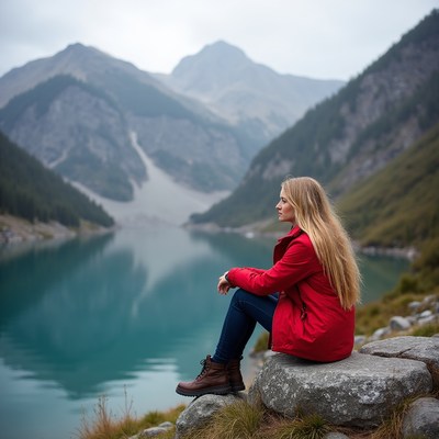 Woman sits by mountain lake