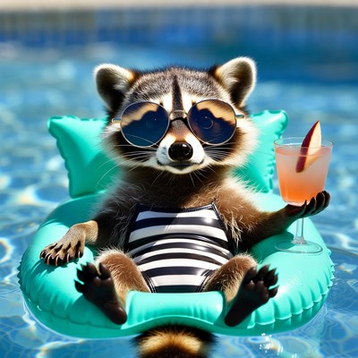 Raccoon enjoying summer in pool