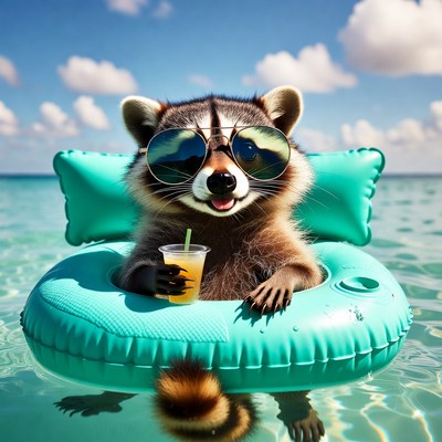 Raccoon relaxing in pool float