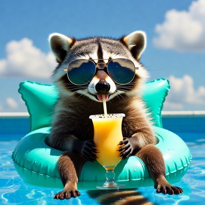 Raccoon enjoying drink in pool