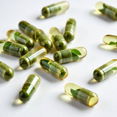 Capsules filled with green herbal content